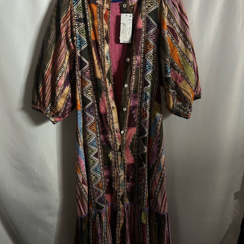 Multicolor Striped Button-Front Midi Dress with Puff Sleeves NWT Retail $220
